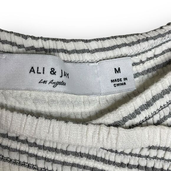 Anthropologie Ali & Jay Jumpsuit Romper Gray White Stripe Smocked Women’s Medium - Picture 8 of 12